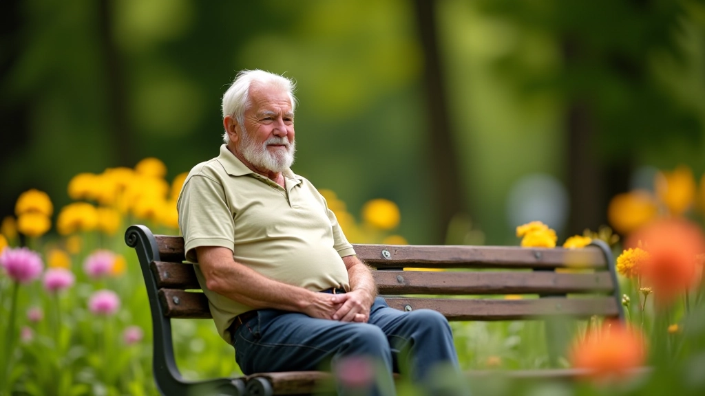Senukas žmogus sėdi parke tarp gėlių ir skaitytojų, poilsio aplinka
